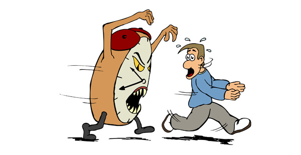 Illustration Mensch von bösem Wecker gehetzt!